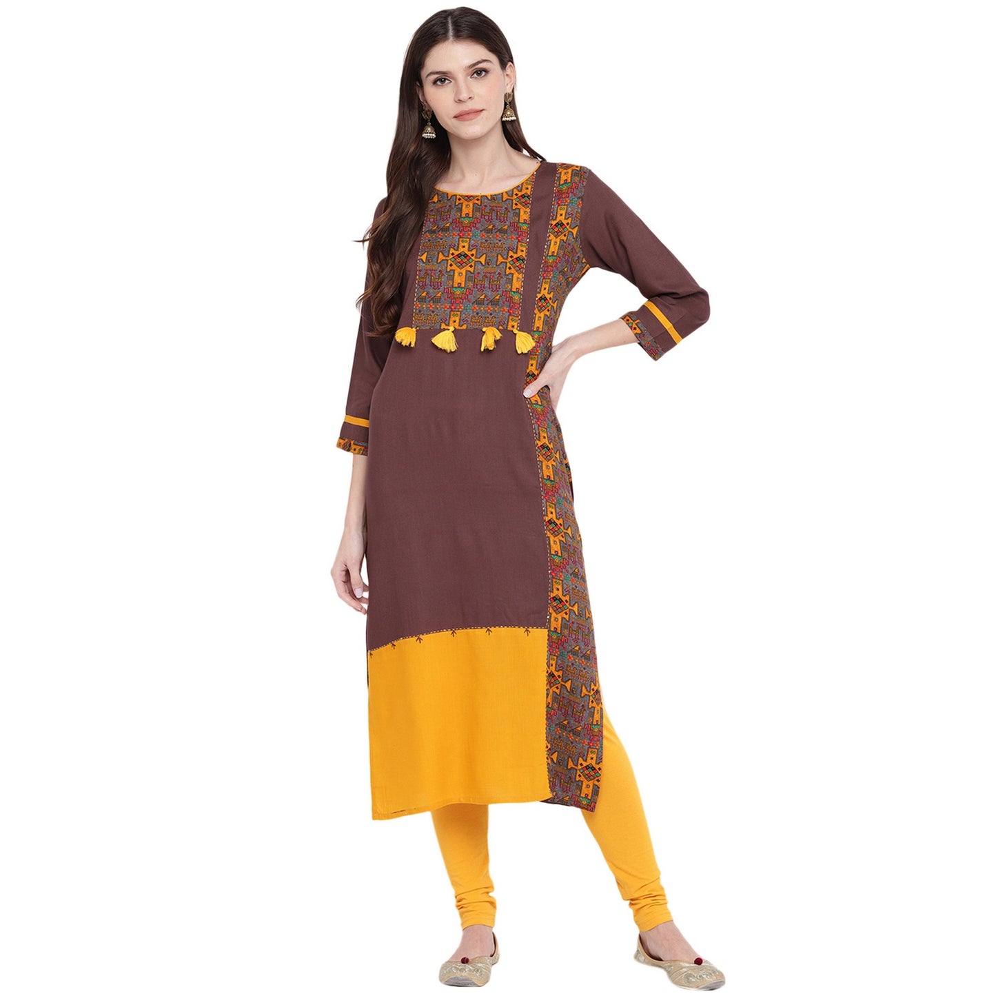 Women's Brown & Yellow Rayon Kurta By Vbu