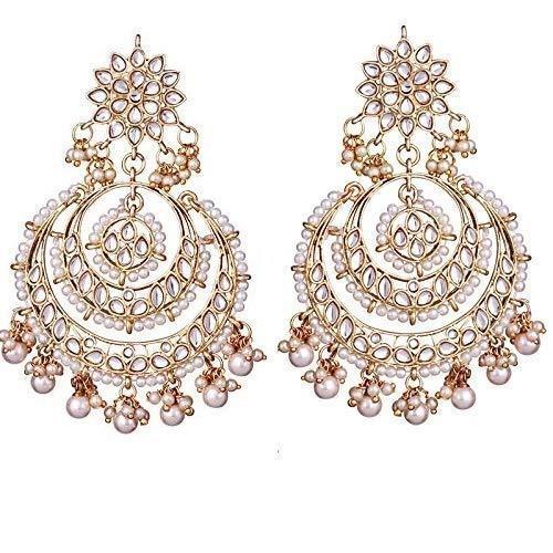 Women Golden White Beaded Kundan Chandbali Earrings  by I Jewels