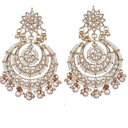 Women Golden White Beaded Kundan Chandbali Earrings  by I Jewels
