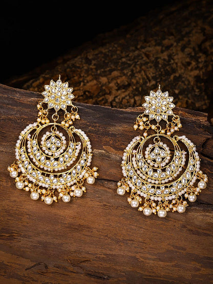 Women Golden White Beaded Kundan Chandbali Earrings  by I Jewels