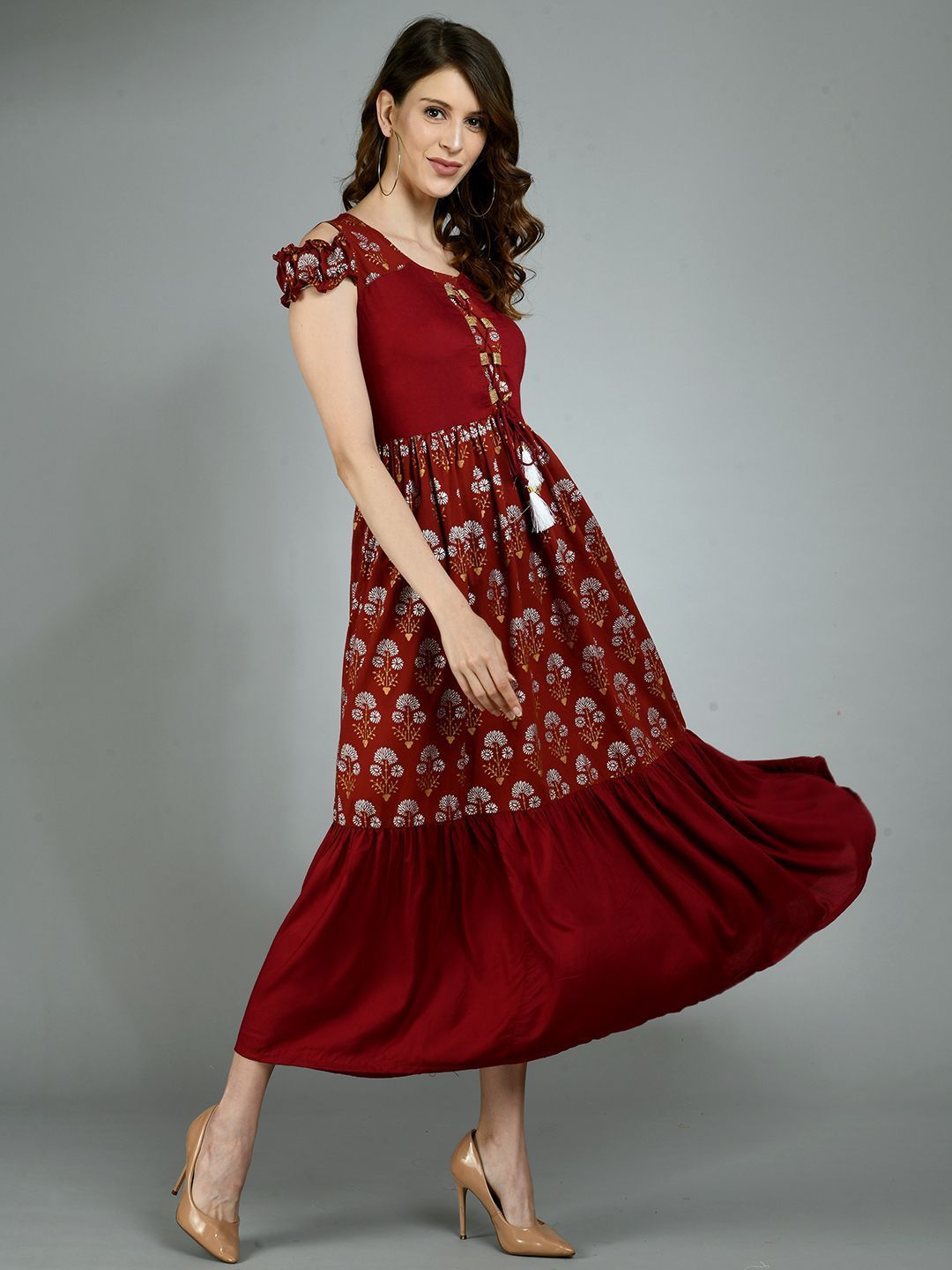 Women's Maroon Cotton Printed Sleeveless Round Neck Casual Dress
