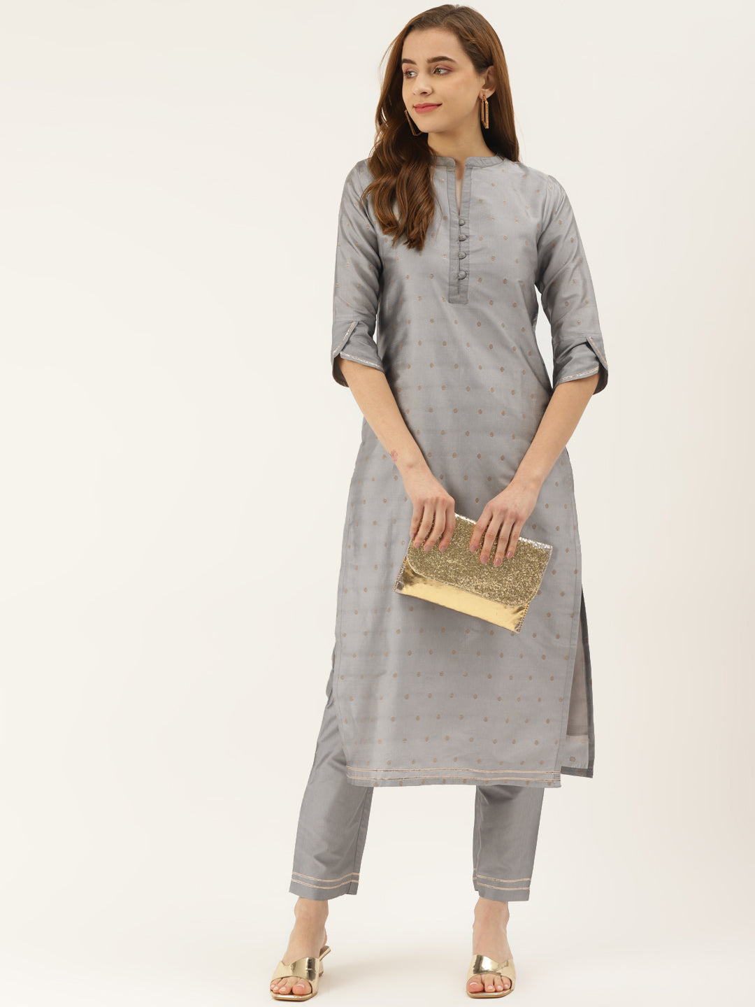 Women's Grey Color Silk Blend Straight Embellished Kurta Pant Set