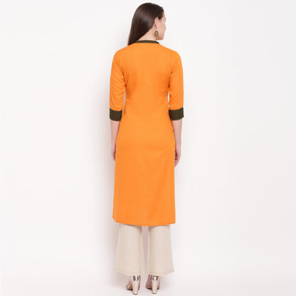Women's Embroidered Straight Rayon Mustard Kurta (1Pc)