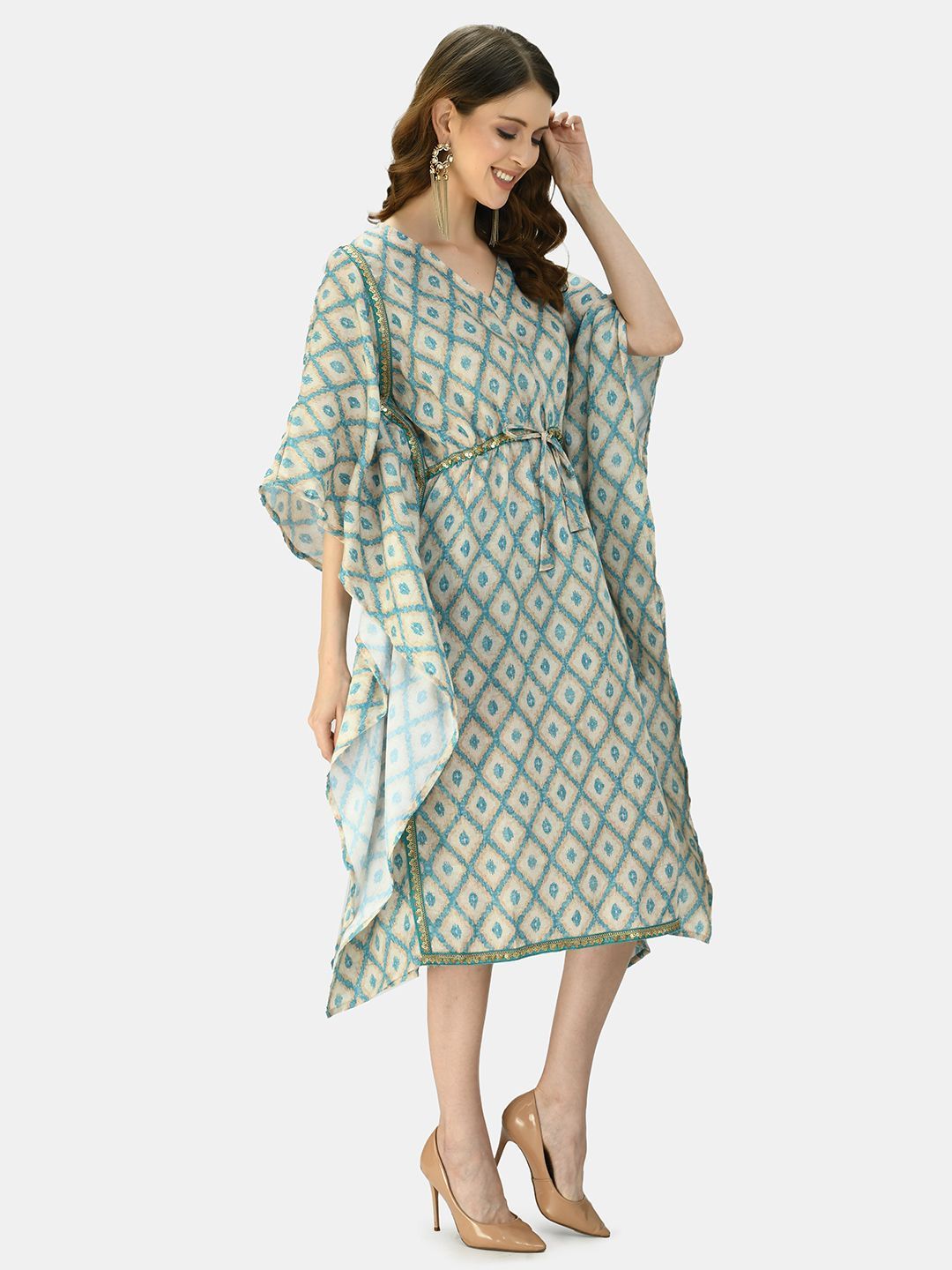 Women's Green Multicolor Silk Blend Printed Half Sleeve V Neck Casual Kaftaan
