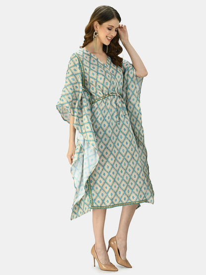 Women's Green Multicolor Silk Blend Printed Half Sleeve V Neck Casual Kaftaan