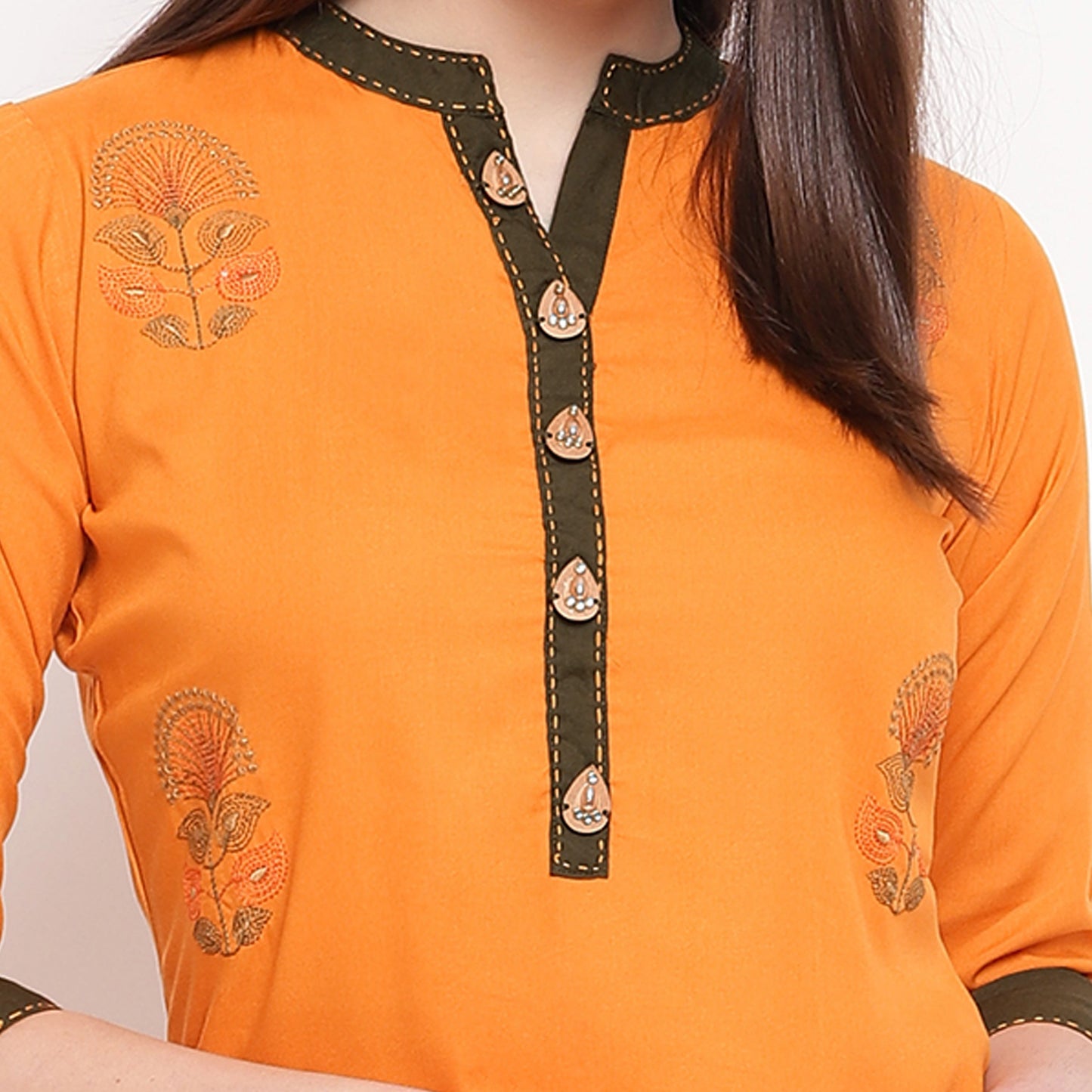 Women's Embroidered Straight Rayon Mustard Kurta (1Pc)