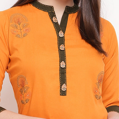 Women's Embroidered Straight Rayon Mustard Kurta (1Pc)