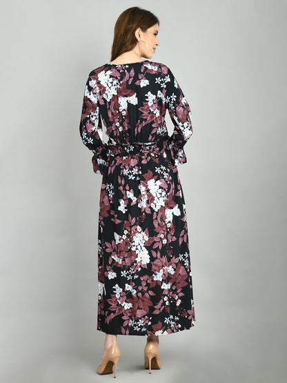 Women's Multi Rayon Printed Full Sleeve V Neck Casual Dress