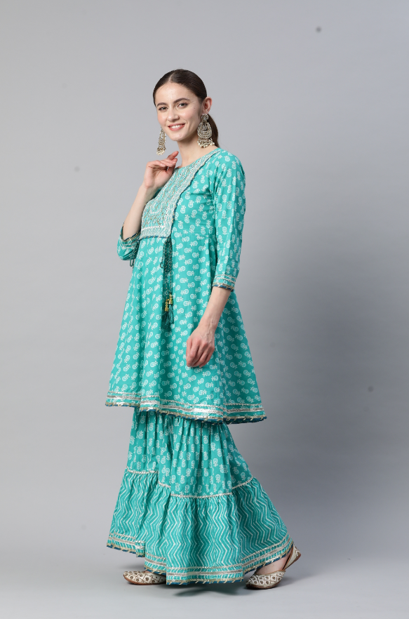 Women's Embroidered Flared Cotton Turquoise Stitched Kurta Sharara With Dupatta