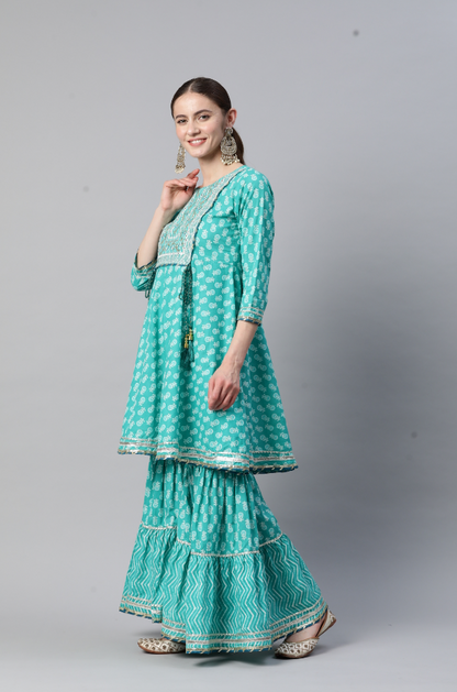 Women's Embroidered Flared Cotton Turquoise Stitched Kurta Sharara With Dupatta