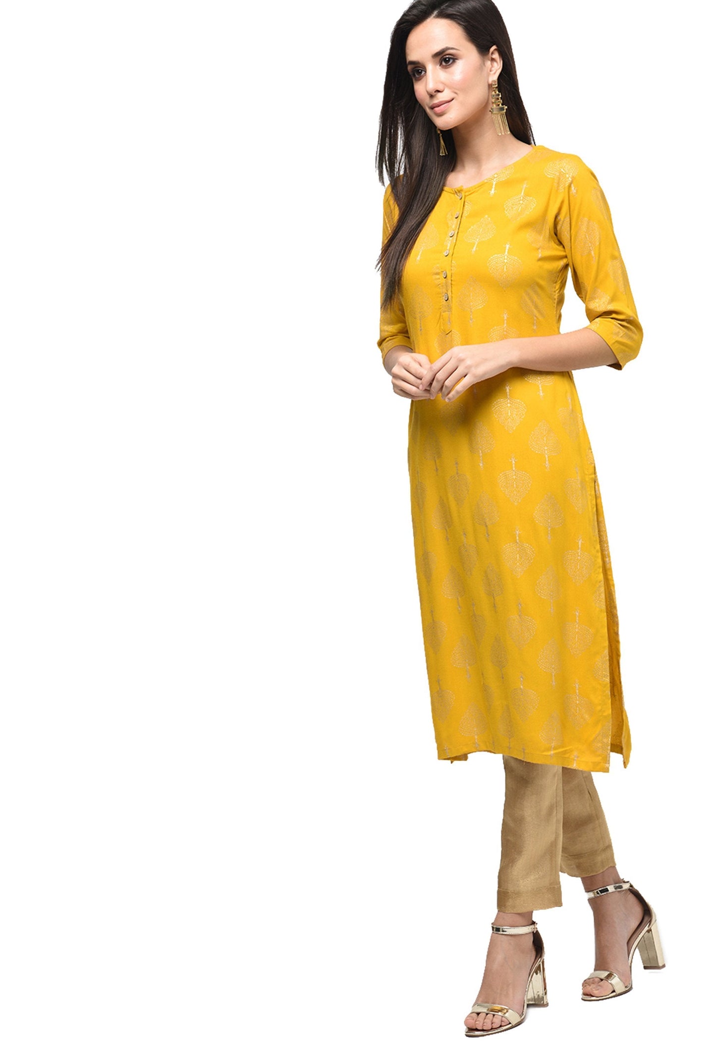 Women's Yellow Rayon Solid Half Sleeve Round Neck Casual Kurta Only