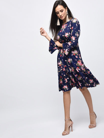 Women's Navy Polyster Printed Bell Sleeve Round Neck Dress