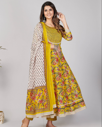 Women's Yellow Anarkali Kurta & Pant With Dupatta Set By Vbuyz- (3