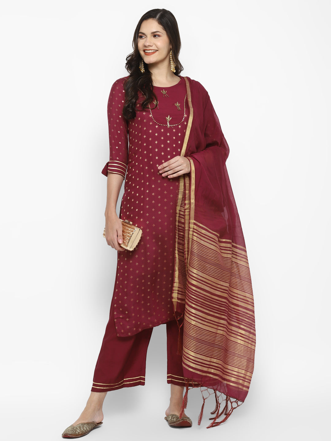 Women's Pink Color Chanderi Silk Embroidered Straight Kurta Palazzo With Dupatta