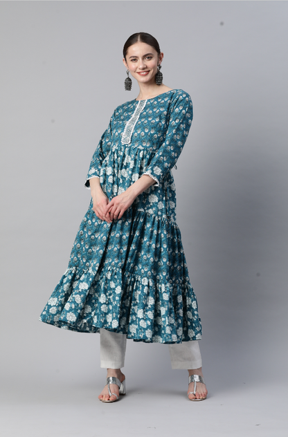Women's Floral Printb & Lace Work Anarkali Cotton Teal Blue Stitched Kurta
