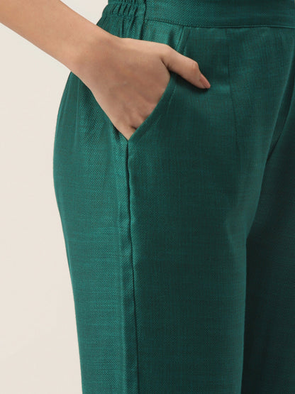 Women's Green Rayon Blend Embroidered Straight Kurta Trouser Set With Dupatta
