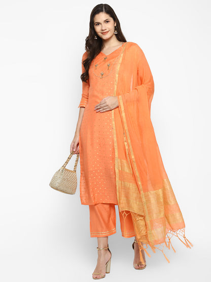 Women's Orange Color Chanderi Silk Embroidered Straight Kurta Palazzo With Dupatta