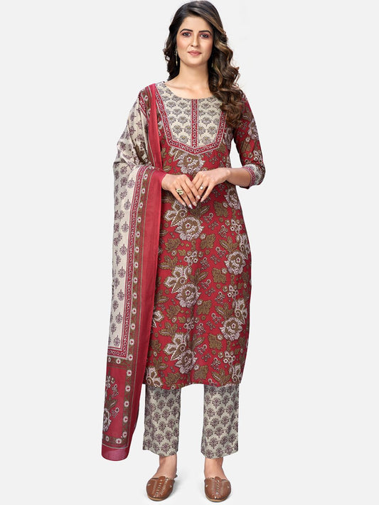 Women's Red Cotton Kurta With Pant & Dupatta By Vbuyz (3