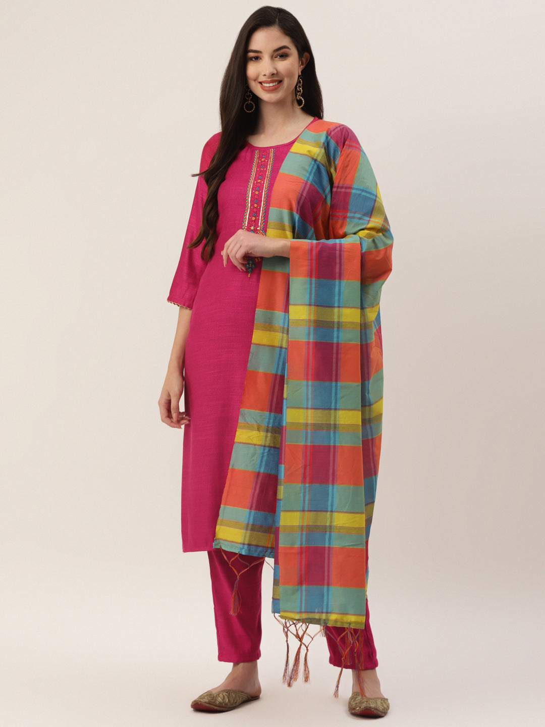 Women's Rani Rayon Blend Embroidered Straight Kurta Trouser Set With Dupatta