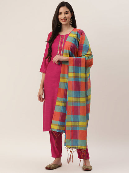 Women's Rani Rayon Blend Embroidered Straight Kurta Trouser Set With Dupatta