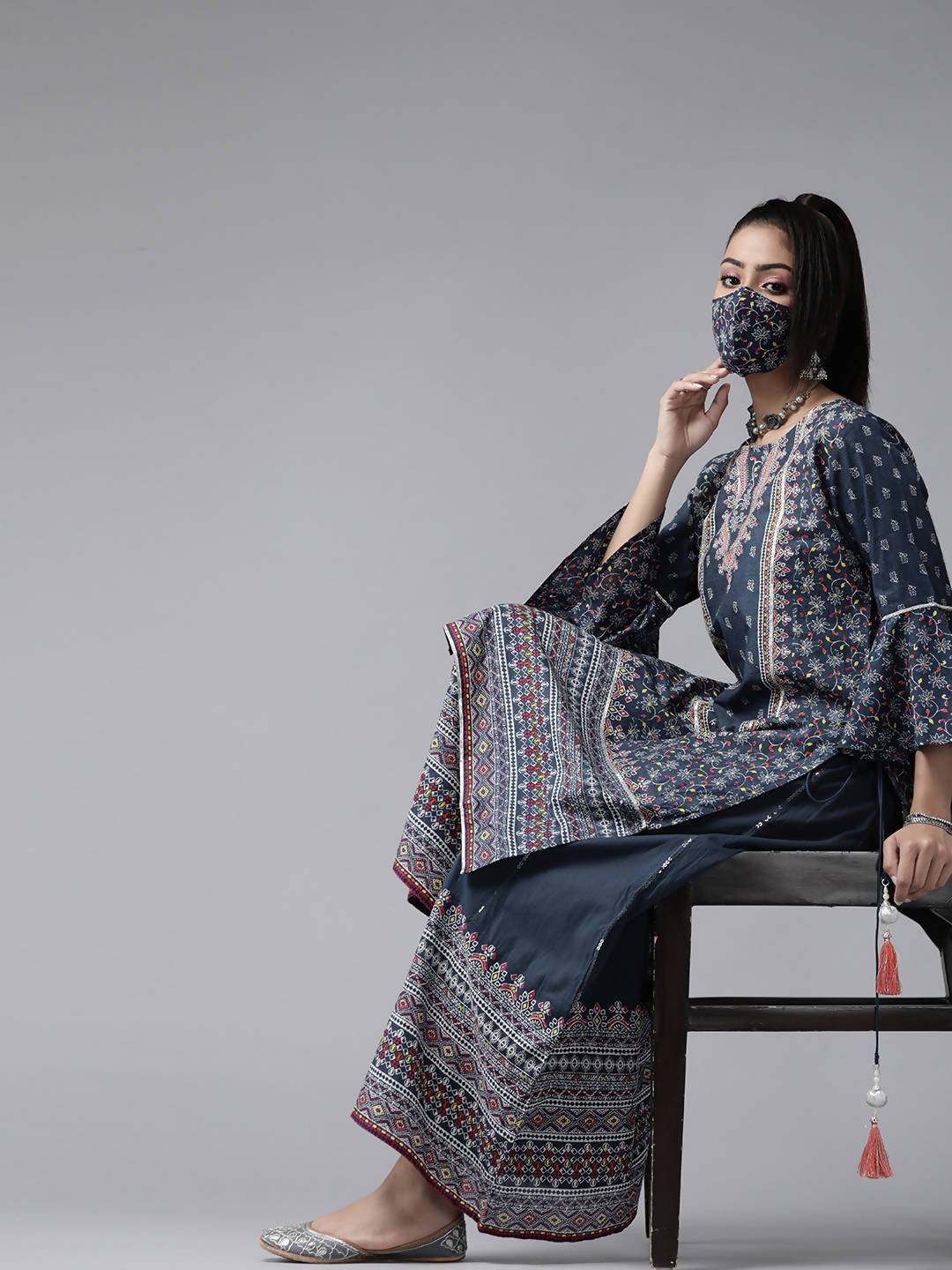 Women's Indigo Cambric Floral Print High-Low Kurta Palazzo Set With Mask