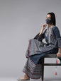 Women's Indigo Cambric Floral Print High-Low Kurta Palazzo Set With Mask