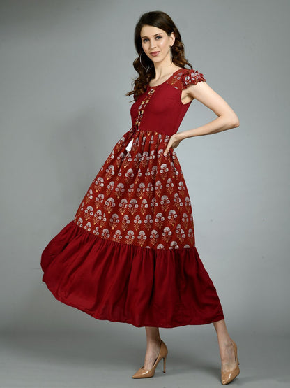 Women's Maroon Cotton Printed Sleeveless Round Neck Casual Dress