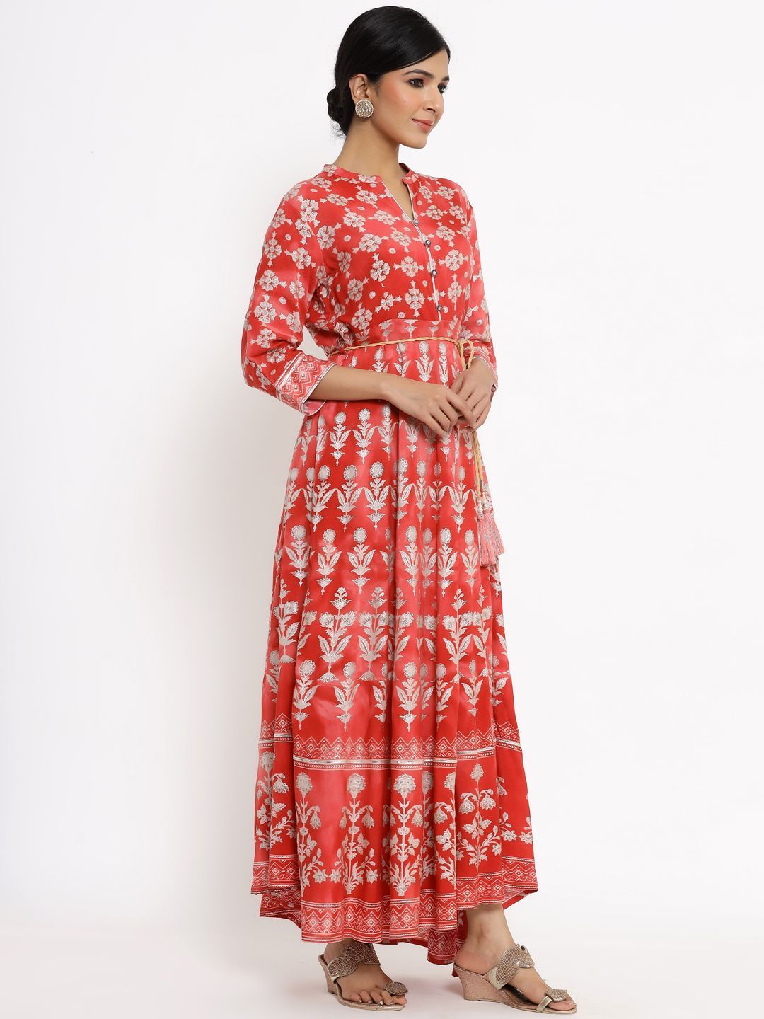 Women's Printed Flared Dress with Waist Tie-up