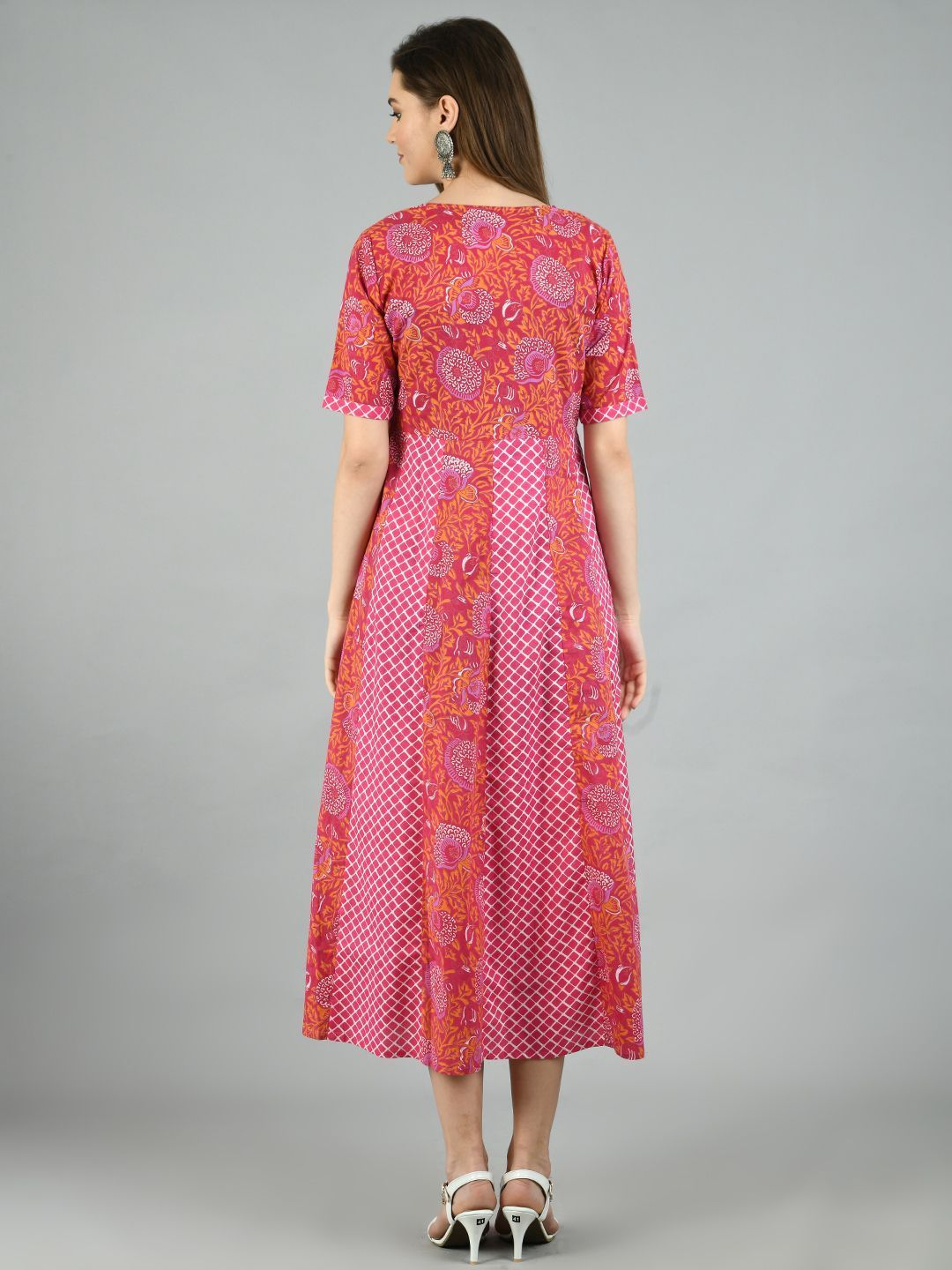 Women's Pink Cotton Printed Half Sleeve V Neck Casual Dress