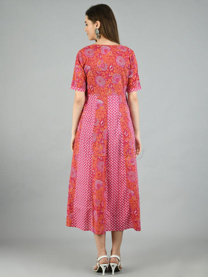 Women's Pink Cotton Printed Half Sleeve V Neck Casual Dress
