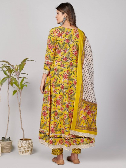 Women's Yellow Anarkali Kurta & Pant With Dupatta Set By Vbuyz- (3