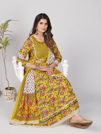 Women's Yellow Anarkali Kurta & Pant With Dupatta Set By Vbuyz- (3