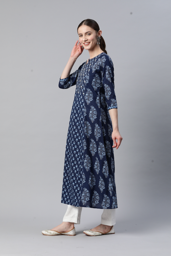 Women's Print & Hand Work A-Line Cotton Blue Stitched Kurta