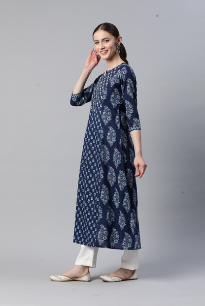 Women's Print & Hand Work A-Line Cotton Blue Stitched Kurta