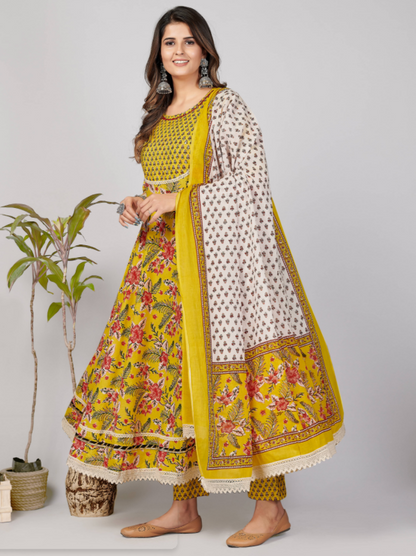 Women's Yellow Anarkali Kurta & Pant With Dupatta Set By Vbuyz- (3