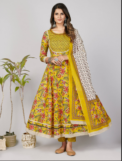 Women's Yellow Anarkali Kurta & Pant With Dupatta Set By Vbuyz- (3