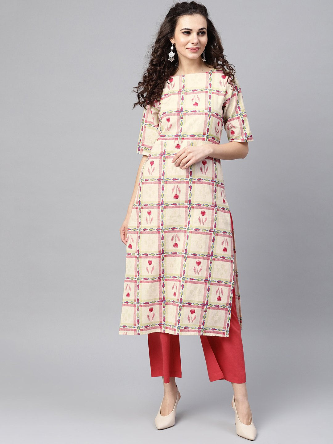 Women's Nayo White Checked Printed Staright Kurta Set With Solid Red Pants