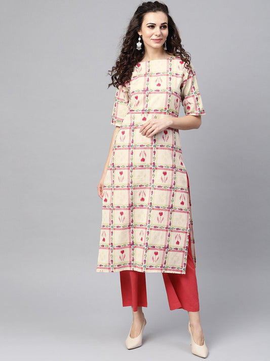 Women's Nayo White Checked Printed Staright Kurta Set With Solid Red Pants