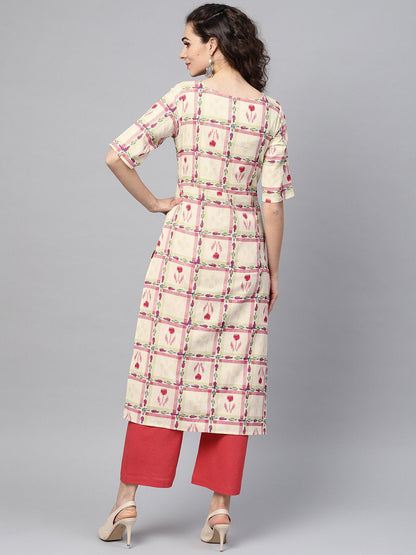 Women's Nayo White Checked Printed Staright Kurta Set With Solid Red Pants