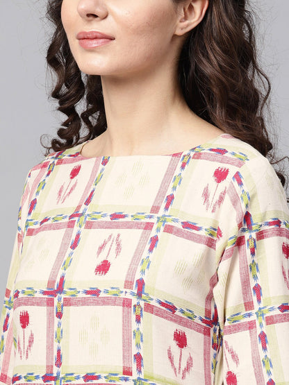Women's Nayo White Checked Printed Staright Kurta Set With Solid Red Pants