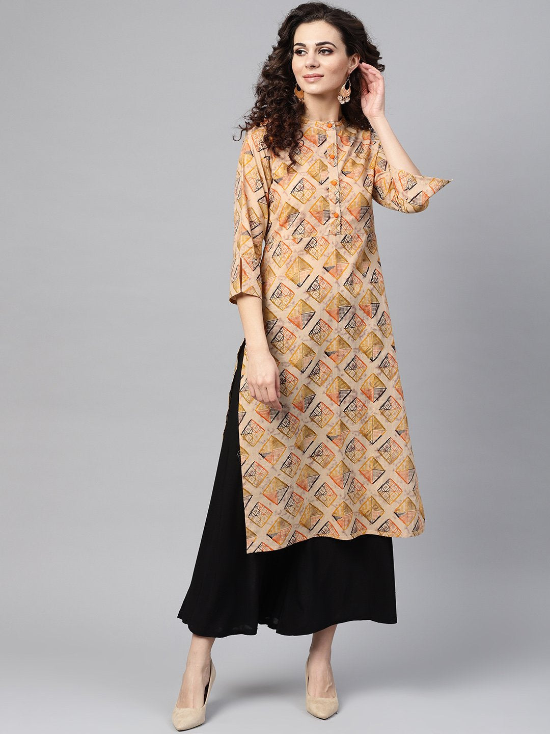 Women's Beige Multi-Colored Straight Kurta With Mandarin Collar With 3/4 Sleeves