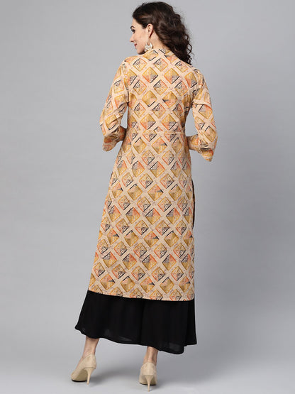 Women's Beige Multi-Colored Straight Kurta With Mandarin Collar With 3/4 Sleeves