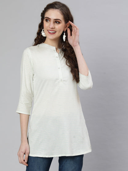 Women's Off-White and Green Printed Straight Tunic With Three Quarter Sleeves