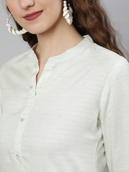 Women's Off-White and Green Printed Straight Tunic With Three Quarter Sleeves