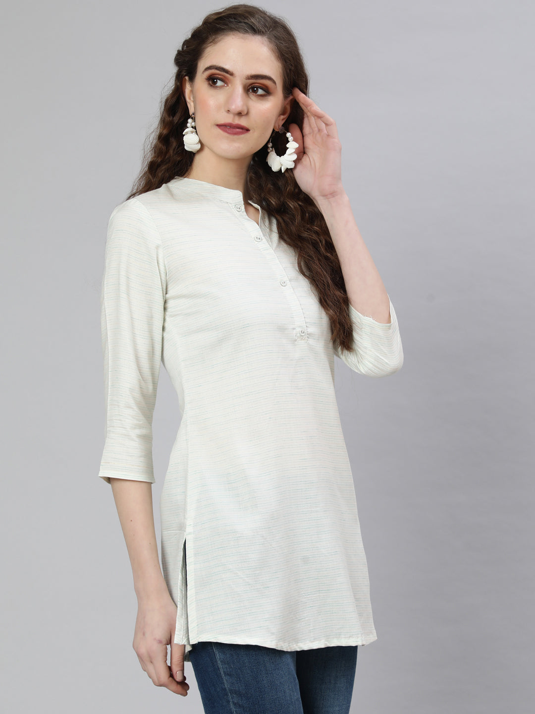 Women's Off-White and Green Printed Straight Tunic With Three Quarter Sleeves