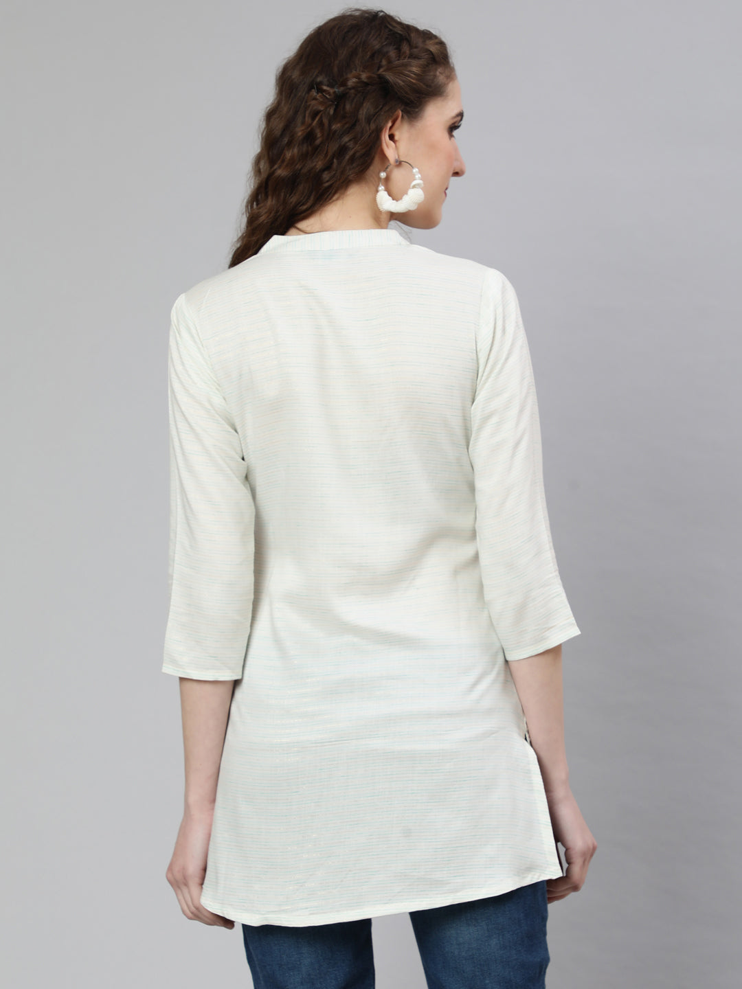 Women's Off-White and Green Printed Straight Tunic With Three Quarter Sleeves