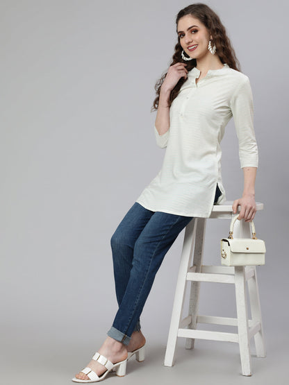 Women's Off-White and Green Printed Straight Tunic With Three Quarter Sleeves