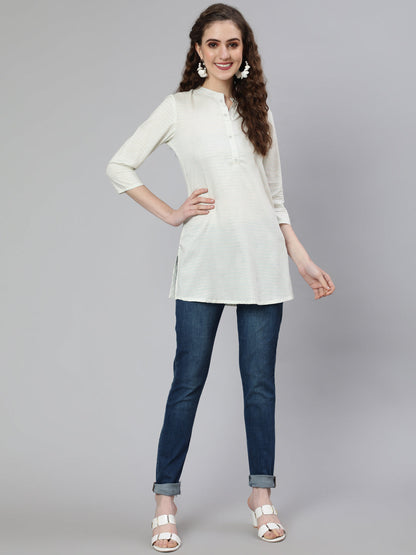 Women's Off-White and Green Printed Straight Tunic With Three Quarter Sleeves