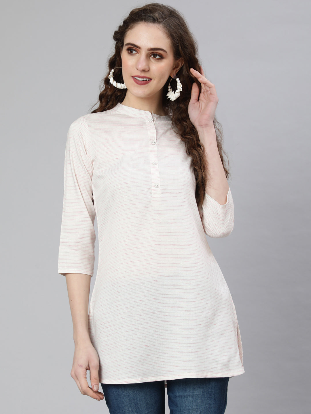 Women's Off-White and Pink Printed Straight Tunic With Three Quarter Sleeves