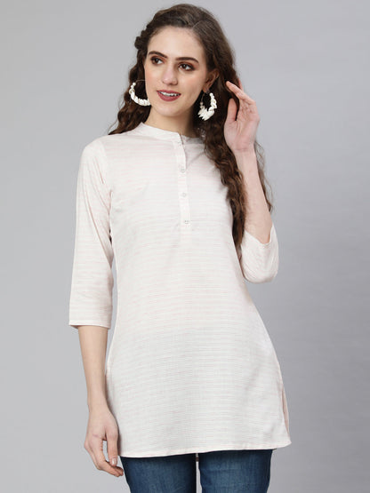 Women's Off-White and Pink Printed Straight Tunic With Three Quarter Sleeves
